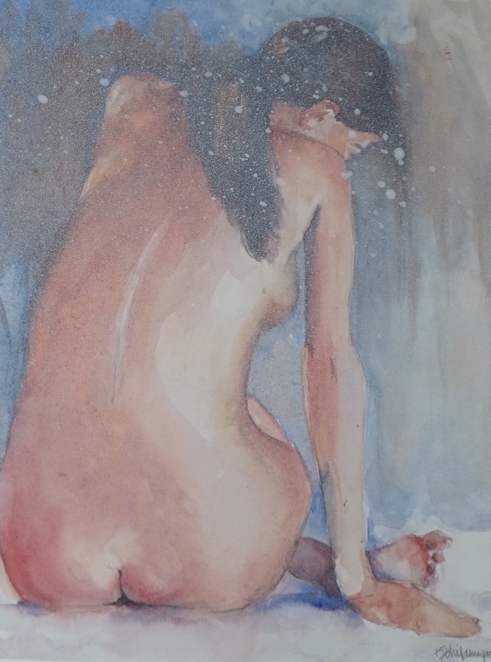 Kathleen Schildmeyer (Contemporary American), watercolour, Seated female nude, signed in pencil, 30 x 23cm